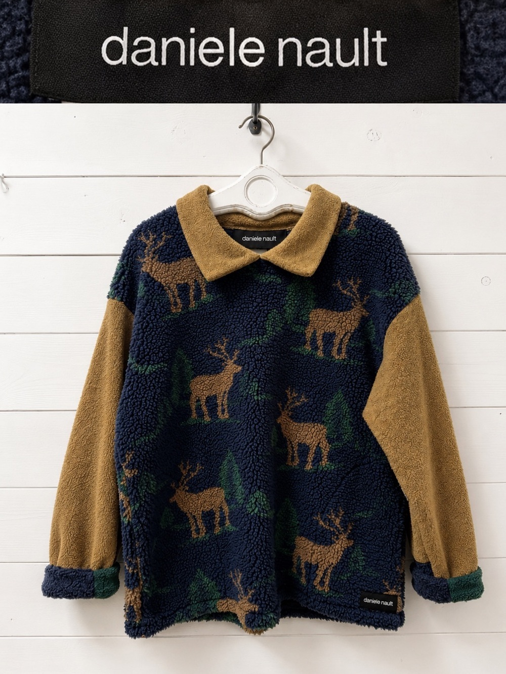 DANIELE NAULT Vintage Deer Print Fleece Pullover One Size